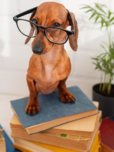 Cute golden dachshund wearing glasses, posing intelligently, pet fashion photo
